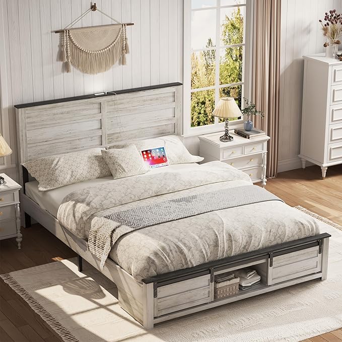 Wooden Bed Frame Queen Size with Headboard & Sliding Barn Door Storage Footboard, Farmhouse Platform Bedframe with Charging Station, No Box Spring Needed (Boho White, Queen)