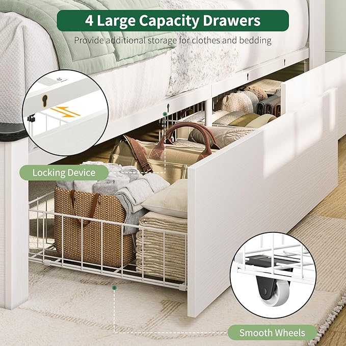 Yoobure Queen Bed Frame with Headboard - Farmhouse Wood Bed Frames Queen Size with 4 Storage Drawers, Platform Beds with Charging Station & LED Light, No Noise Double Bedframe, No Box Spring Needed