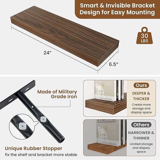 fuqing Floating Shelves for Wall, Wall Mounted Wood Floating Shelf with Invisible Brackets for Living Room, Bathroom, Bedroom, Kitchen Storage and Decor, 24 Inch Set of 2, Walnut