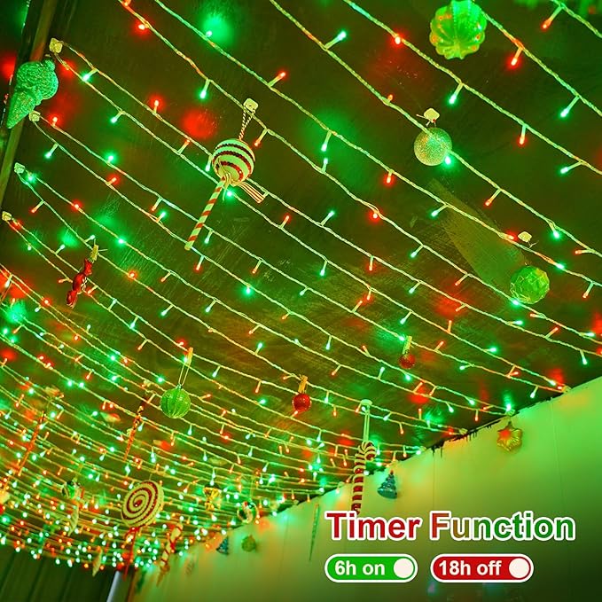 QITONG Red and Green Christmas Light Outdoor Waterproof, 165ft 500 LED Clear Wire String Lights Indoor, 8 Modes Christmas Tree Light Plug-in