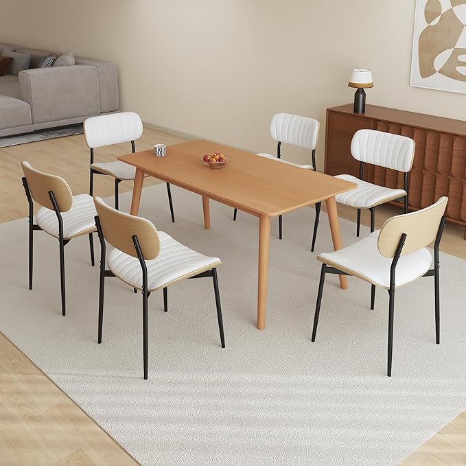 Modern PU Leather Dining Room Chairs Set of 2, Upholstered Kitchen Chairs with Curved Wood Backrest and Metal Legs Adjustable Feet for Kitchen Dining Room(White)