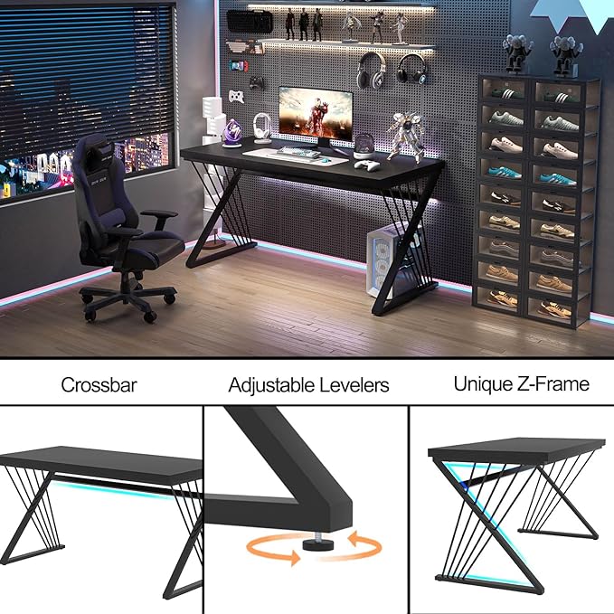 FOLUBAN Black Desk, Modern Wood and Metal Computer Desk for Home Office, Simple Writing Work PC Desks for Bedroom, Industrial Study Gaming Table for Living Room, Black, 53 Inch