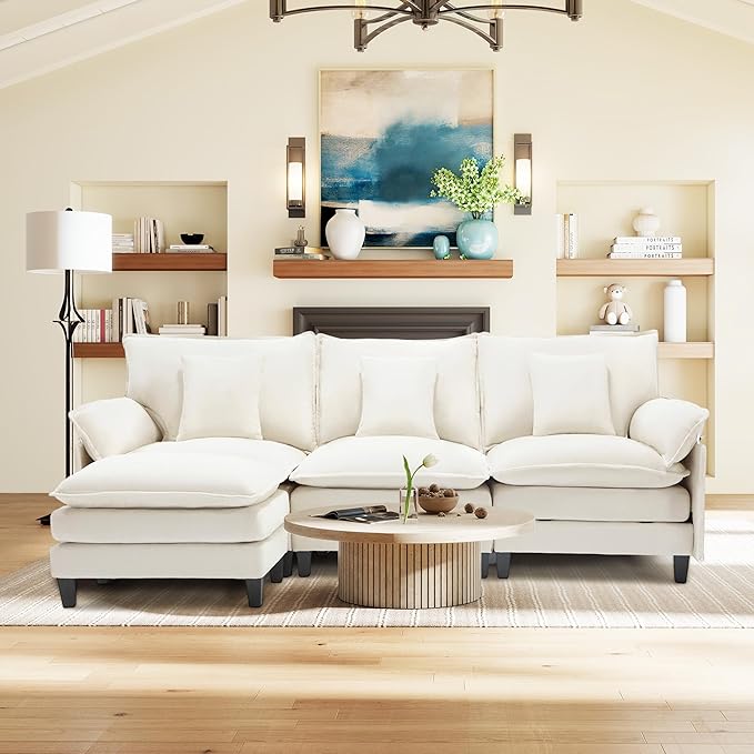 Comfy Cloud Couch with Movable Ottoman, Modular Sectional Sofa, 106" L Shaped Modern Sofa with Pillows, Deep Seat Couches for Living Room, Bedroom and Apartment, Beige