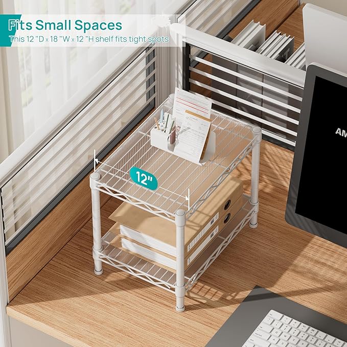 SINGAYE 2 Small Shelves Kitchen Storage Shelf Wire Shelving Unit Metal Shelf Adjustable Organizers Storage Shelving for Office Pantry White 12" D X 18" W X 12" H