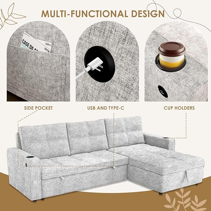 85" Sleeper Sectional Sofa Bed - L-Shaped Convertible Pull Out Couch with Reversible Storage Chaise, USB Ports & Side Pockets, Gray