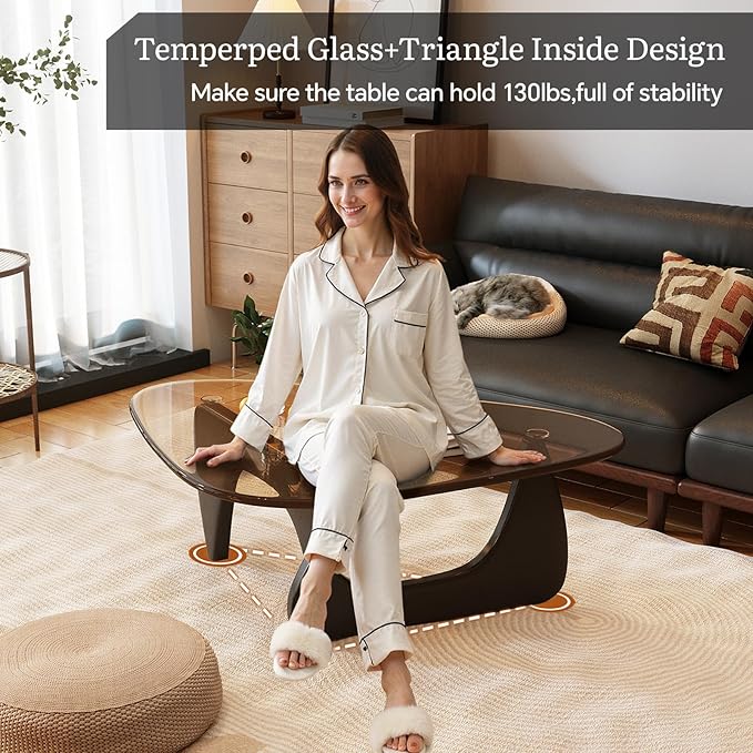 Coffee Table for Living Room Mid Century Modern Center Table with Glass Top and Wood, Brown/Black