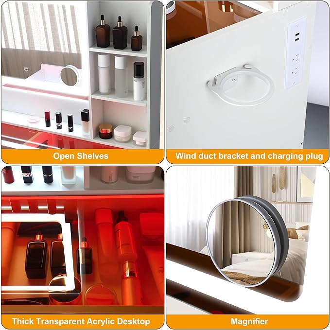 Vanity Desk,Transparent Desktop,Multiple Color Ambient Lights,with Mirror and Tri Color Light Strip,Dressing Table with Charging Station,Equipped with 2 Drawers,White