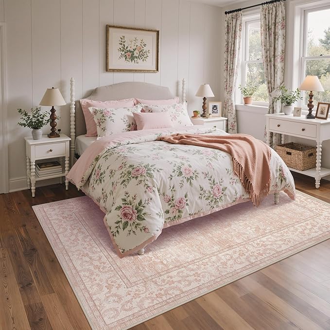GENIMO 5x7 Washable Area Rug, Non-Slip Vintage Boho Floral Carpet, Soft Low-Pile Thin Bedroom Rug for Living Room, Dining Room, Nursery, Pink White