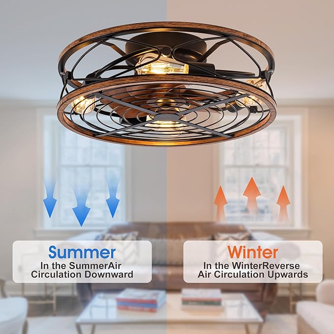 TIFEROR 20" Low Profile Caged Ceiling Fans with Lights and Remote, Farmhouse Flush Mount Ceiling Fan with 3 Speeds Reversible Motor, for Kitchen, Bedroom (Bulbs Included)