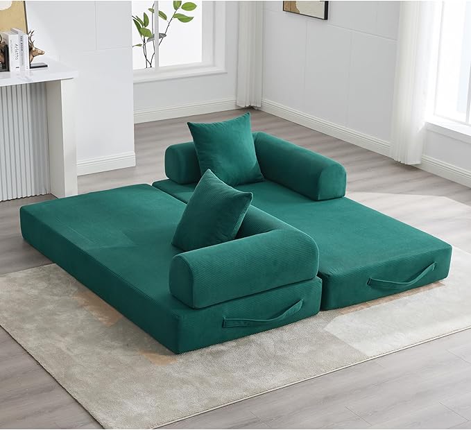 Convertible Sleeper Sofa Bed, Folding Floor Sofa Bed with Fixed-Shape Frame, Corduroy Floor Sleeper Sofa with Storage Pocket, Futon Boneless Sofa Couch for Living Room, Emerald Green