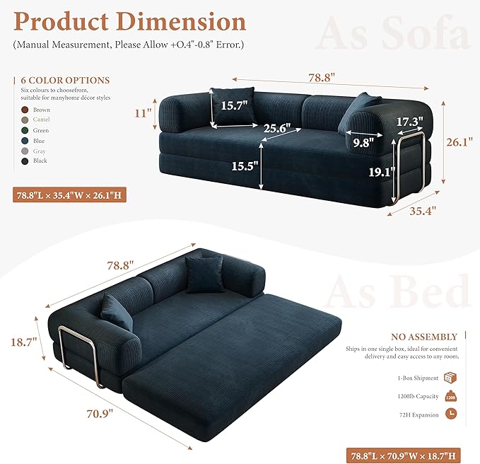 Boneless Couch Sectional Sofa,Convertible Sofa Bed with Sleeper Sofa,Futon Floor Couch Folding Sofas for Living Room,Bedroom,Apartment (Blue, 78.8''W)