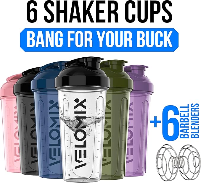 VELOMIX -6 PACK- 28 OZ Protein Shaker Bottles for Protein Mixes, Shaker Cups for Protein Shakes, Large Shaker Bottle Pack, Shaker Cup, Shakers for protein Shakes (Core Series)