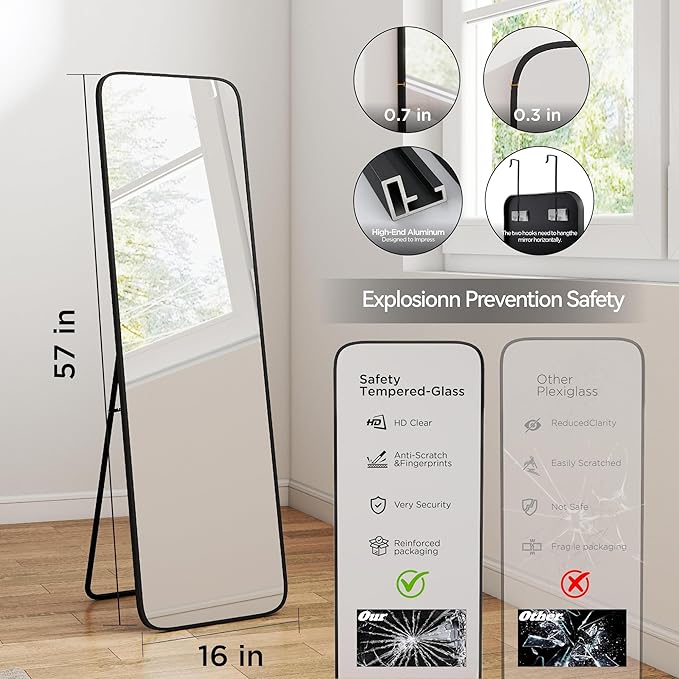 57x16 Door Hanging Full Length Mirror, Floor Stand (Height 5.7ft just Body in1.3ft) Wall Mounted Metal Frame Rectangle Dressing Mirrors for Bedroom Bathroom Room 57 inch Black