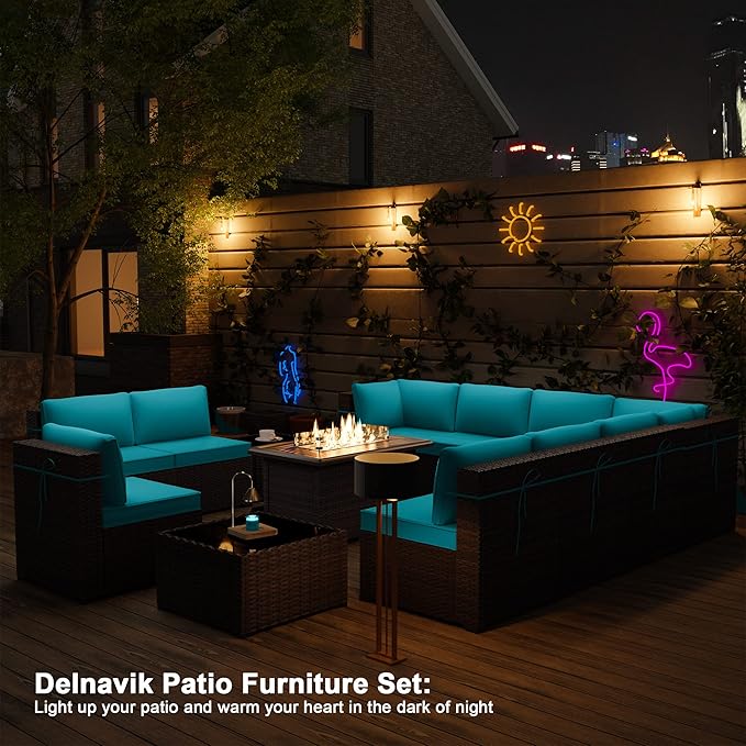 Kurapika 13 Pieces Patio Furniture Set, Rattan Wicker Outdoor Conversation Sets w/43in Propane Fire Pit Table and 4 Inch Cushion(Blue)