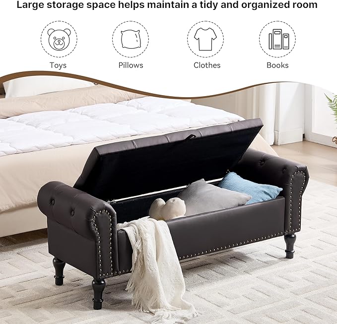 Storage Bench for Bedroom, 51" Upholstered End of Bed Bench, Faux Leather Queen Size Benches with Rolled Arms, Tufted Button Storage Long Ottoman, Living Room, Entryway, Coffee