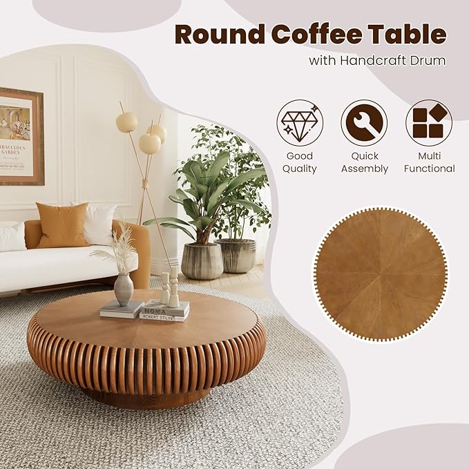 Round Drum Coffee Table for Living Room, Mid Century Modern Coffee Table with Sturdy Pedestal, Farmhouse Fluted Circle Center Table Accent Tea Table for Apartment (Large Brown)
