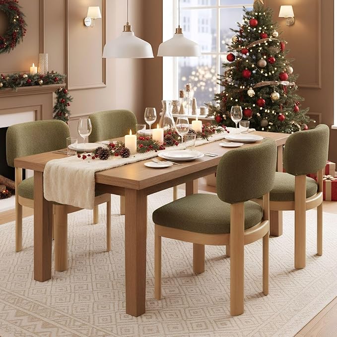 Green Upholstered Dining Chairs Set of 2 Chenille Fabric Dining Room Chairs Modern Barrel Kitchen Chairs with Curved Backrest and Wooden Legs