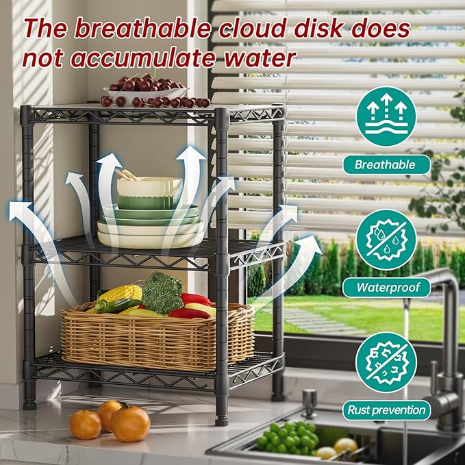 3 Tier Adjustable Storage Shelves Heavy Duty Metal Utility Shelf Wire Shelving Unit Organizer Rack for Home Kitchen Office Bathroom Pantry Room 12" D x 18" W x 30" H