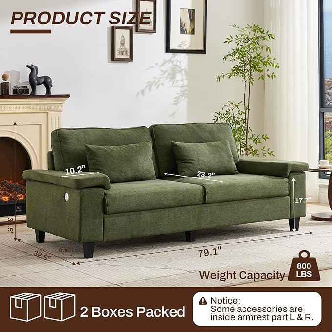 3 Seater Couch for Living Room, 79'' Comfy Deep Seat Sofa with Adjustable Armrests & USB/Type-C Charging Ports, Mid Century Modern Couch for Bedroom, Home Office, Green