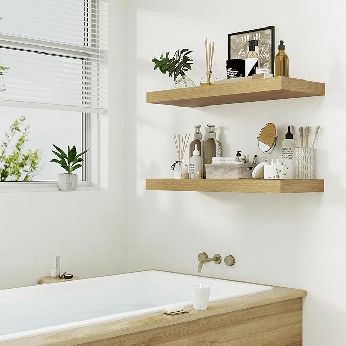 12" Deep Oak Floating Shelves,Over Toilet Long Wall Mounted Modern Farmhouse 36 inches,Wall Shelves with Invisible Brackets for Bedroom, Bathroom, Living Room, Kitchen, Set of 1