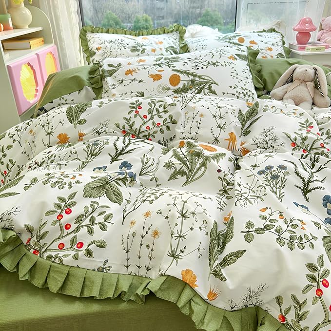 Romantic Green Floral Duvet Cover Queen 3 Pieces Ruffle Duvet Cover Girls Flower Comforter Cover 100% Cotton Vintage Floral Green Lace Bedding Cottagecore Flower Comforter Cover with 2 Pillowcases
