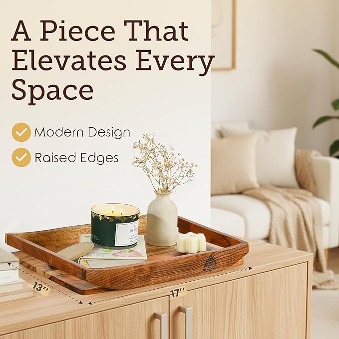 Solid Acacia Wood Tray - Large Breakfast in Bed & Coffee Table Wooden Tray - Food-Safe, Gift-Ready Packaging - Complimentary Rubberwood Catchall - 17x13