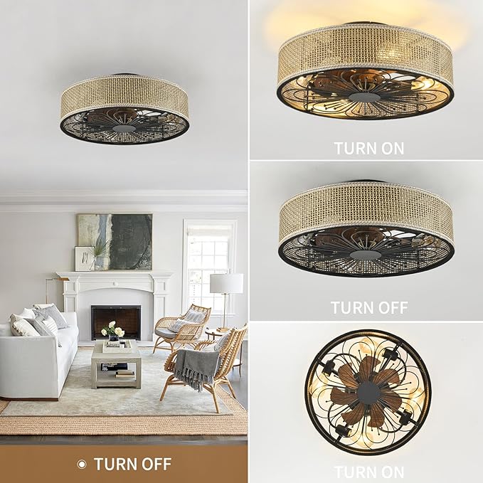 Modern Boho Rattan Flush Mount Ceiling Fans with Lights and Remote Control Low Profile Bladeless Ceiling Fan Timer and 6-Speed Reversible Motor for Bedroom, Kitchen, Dining Room Include Bulbs