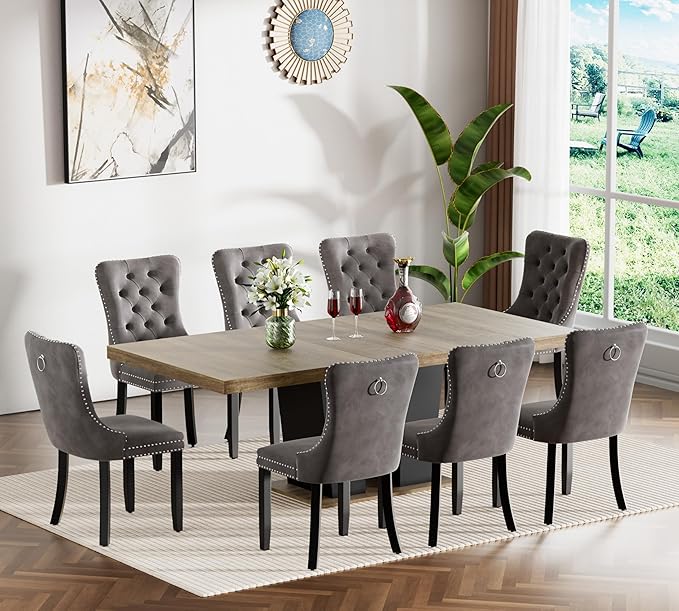 Goujxcy 9-Piece Extendable Dining Table Set for 6-8 People 63-78 Inch Kitchen Table Set with 8 Velvet Upholstered Chairs Farmhouse Rectangular Dining Room Table Set for Kitchen Dining Room Apartment