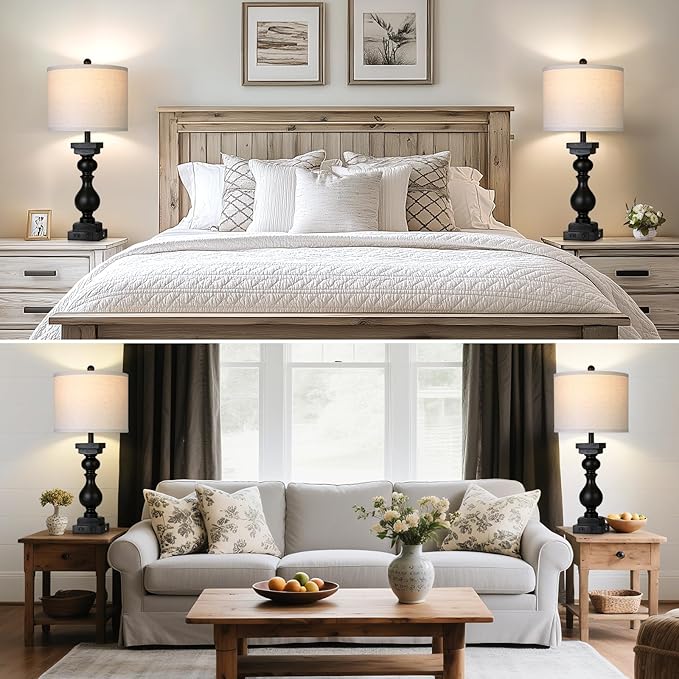 28" Tall Farmhouse Table Lamps Set of 2 with USB C+A Ports and AC Outlet, 3 Way Touch Tall Rustic Bedside Lamps for Living Room, Black Vintage Lamps for Bedroom