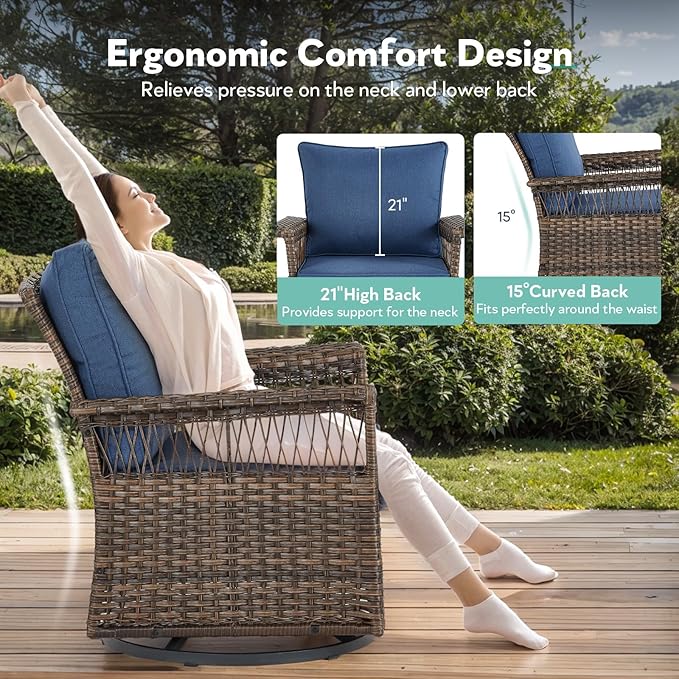5 Pieces Wicker Patio Furniture Set - Hollow Widen Armrests Outdoor Swivel Glider Chairs and 3 Seat Sofa with Coffee Table & Side Table for Balcony Porch Deck and Yard - Brown/Blue