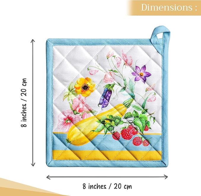 Maison d' Hermine Pot Holders Set 100% Cotton Heat Resistant Potholders 8" x 8" Hot Pads with Loop BBQ, Cooking, Baking, Grilling, Kitchen, Handling Hot Pans Spring/Summer (Pack of 2, Giverny)