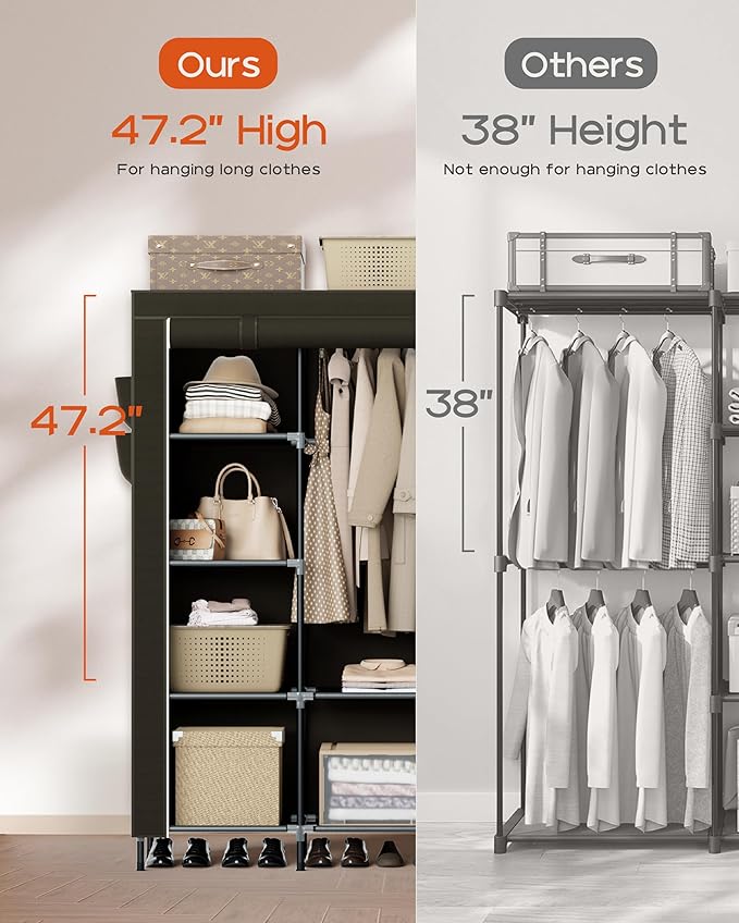 Portable Closet, 48 Inch Large Capacity Wardrobe Closet, Clothes Storage Organizer with Shelves and Hanging Rod, Easy to Assembly, Black PCT221B01