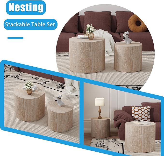 Nesting Coffee Table Set of 2, Modern Round Coffee Table with Non-Slip Feet, Wooden Circle Accent Tables for Small Spaces Living Room Bedroom Balcony Office Drum Side Table (C Travertine)