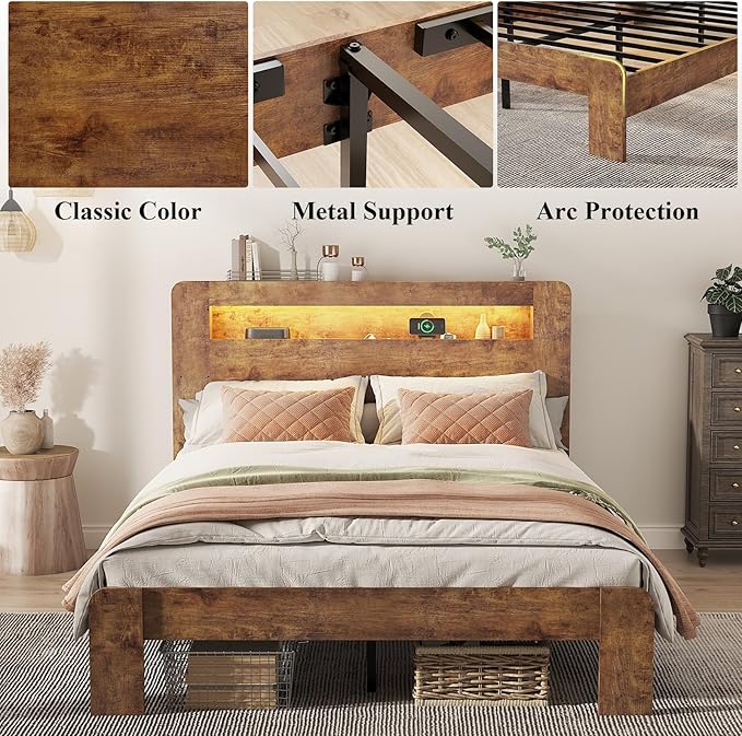 Wooden Bed Frame Queen Size with Headboard, Farmhouse Platform Bedframe with Metal Slat Support, Sturdy Framework Bed Frame, Easy Assembly (Rustic Brown LED)