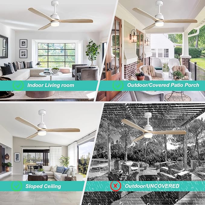 Sofucor 60 inch Ceiling Fan with Lights, Mordern Large LED Ceiling Fan with Remote, 3 Light Wood Blades and 3 White Downrods, for Indoor Living Room Bedroom Outdoor Patio Porch, Reversible DC Motor