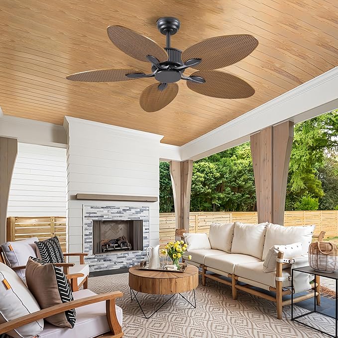 50 Inch Tropical Ceiling Fan no Light, Outdoor Waterproof Palm Leaf Ceiling Fans for Patios Porches, Remote +APP Control, Wet Rated, 6 Speeds, Quiet, Wood Grain