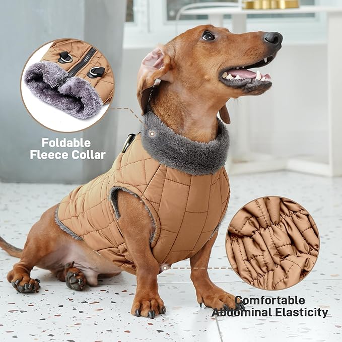 Warm Fleece Dog Coats with Durable Harness Buitl in D-Ring,Waterproof Doggie Jacket for Medium Dogs,Dog Vest for Cold Winter,Burnished Khaki L
