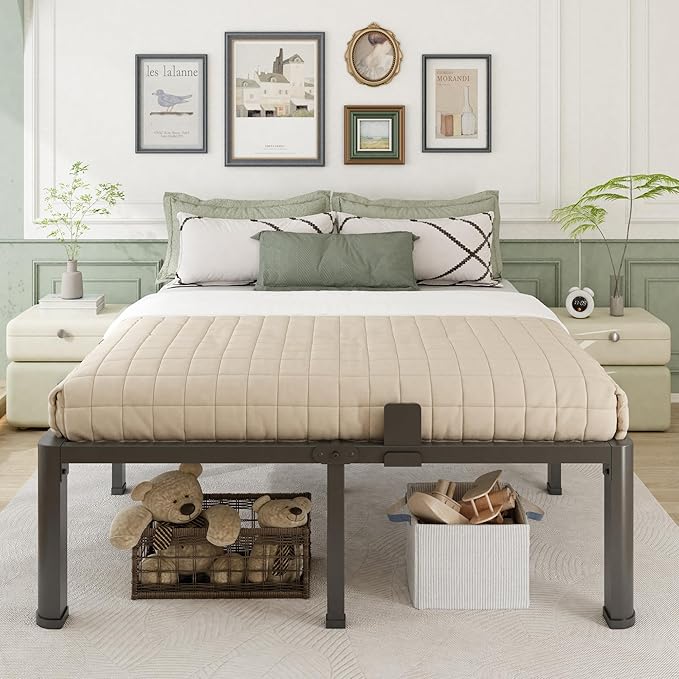 18 Inch California King Bed Frame with Rounded Corner and Headboard Hole Mattress Retainers 3500 lbs Heavy Duty Support Metal Platform Bed Frame Noise Free No Box Spring Needed Easy Assembly