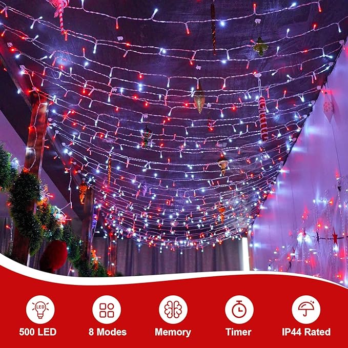QITONG Red and White Christmas Light Outdoor Waterproof, 165ft 500 LED Clear Wire String Lights Plug-in, 8 Modes Christmas Tree Light Indoor