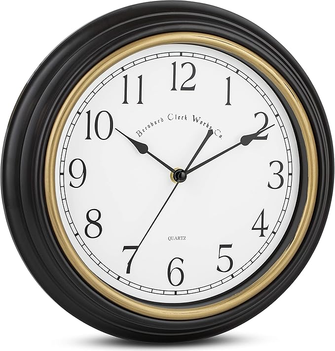Bernhard Products Decorative Black Wall Clock 12 Inch Silent Non Ticking Battery Operated Vintage Elegant Retro Clocks for Living Room Decor, Kitchen Office Dining Room Bedroom School Classroom