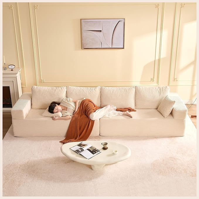 Chaise Lounge Chair, Sleeper Couches, Boneless Couch for Living Room and Bedroom, Corduroy, White