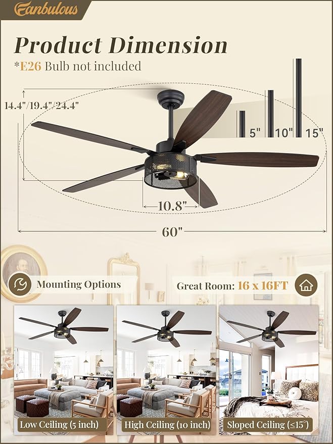 Farmhouse Ceiling Fans with Lights and Remote, 60 Inch Industrial Black Caged Ceiling Fans for Living Room Bedroom Kitchen, 6 Speed Reversible Quiet DC Motor, Dual Finish 5 Blades