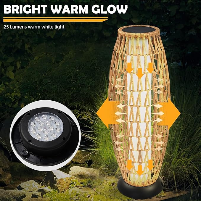 Solar Yard Outdoor Solar Lamp Woven Wicker Boho Lantern Floor Lamp, Decoration for Garden, Deck, Yard, Pathway, Oslo