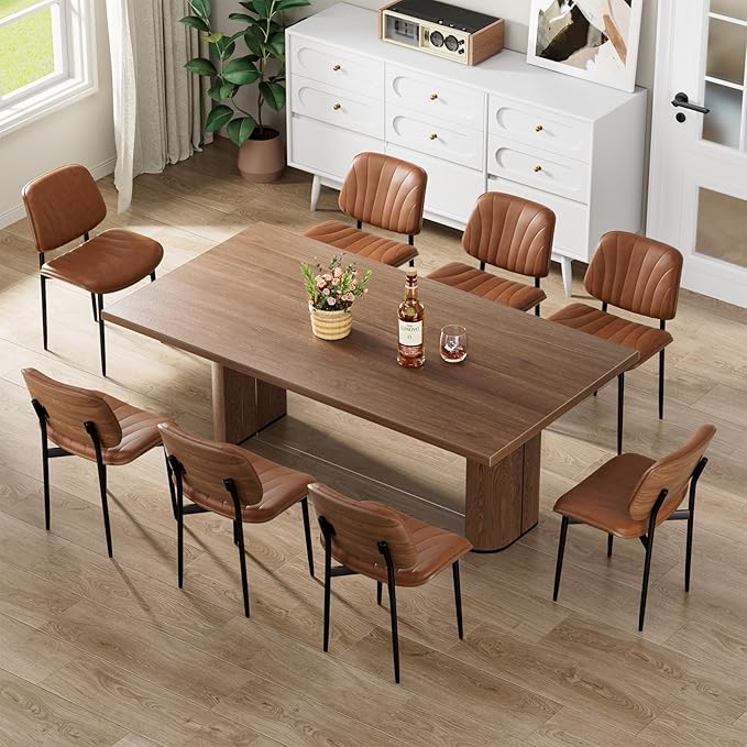 Dining Chairs Set of 8, Mid-Century Modern Upholstered PU Leather Chairs with Walnut Bentwood Back and Metal Legs Adjustable Feet for Kitchen Dining Room, Camel Shell Strips