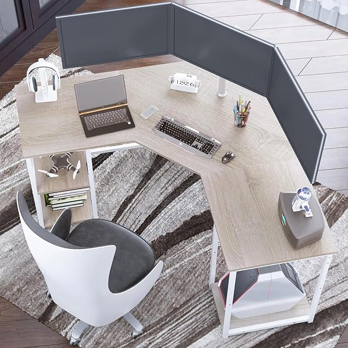 Elephance Large L-Shaped Computer Desk with Shelves, Corner Desk, Home Office Writing Workstation, Gaming Desk PC Latop Table with Storage
