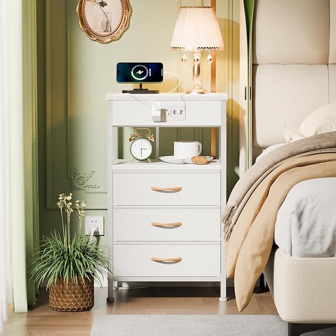 Furnulem Night Stand with Charging Station, 28.3 Inch Tall Bedside Table with PVC Drawers, End Table with USB Ports and Outlets, 3 Fabric Drawer Storage Nightstand for Bedroom, 3 Ways to Use, White