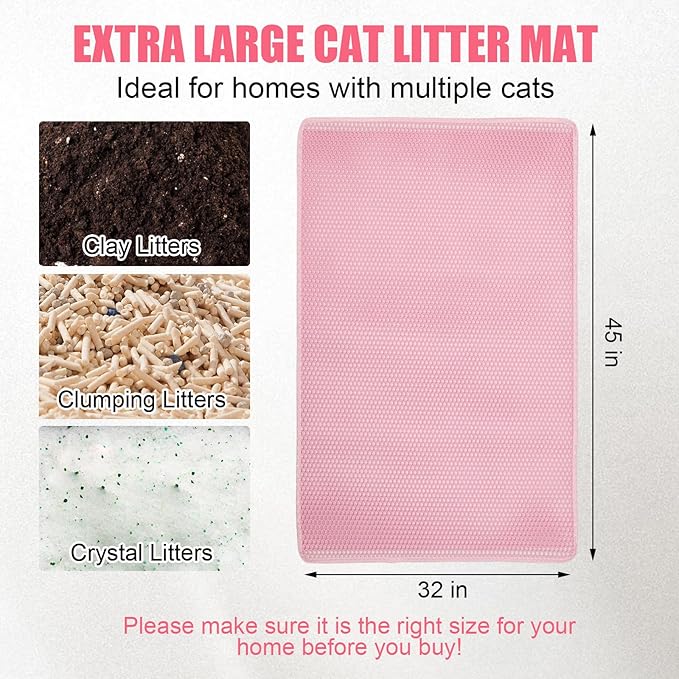Cat Litter Mat,45"x32" Extra Large Cat Litter Box Mat,Honeycomb Double Layer Kitty Litter Trapping Mat,Soft EVA Material,Urine & Waterproof,Scatter Control,Easy Clean,Washable(Pink）