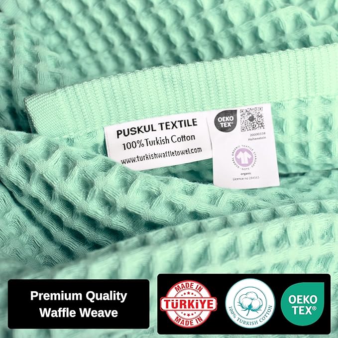Püskül - Luxury Waffle Towel Set for Bathroom 4 Pieces Ice Green, Premium Quality Organic 100% Turkish Cotton 2 Hand and 2 Bath Towels Sets, Quick Dry Thin Waffle Towels, Made in Turkiye (Ice Green)