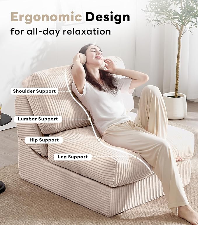 Tbfit 35.8'' Folding Sofa Bed, Convertible Sleeper Chair with Large Pillow, Corduroy Folding Couch Bed, Portable & Foldable Mattress Boneless Floor Sofa Set of 2, Khaki