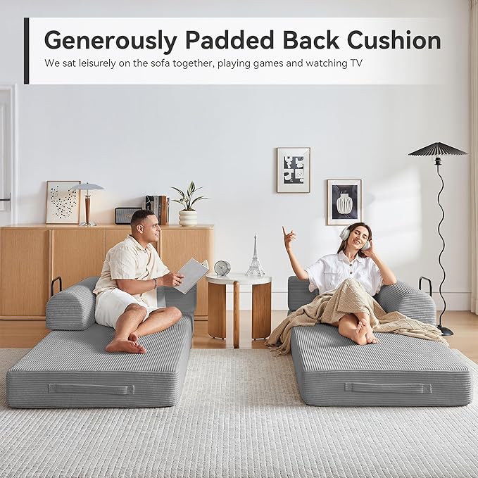 Convertible Sleeper Sofa Bed, Sleeper Sofa with Pillow | Corduroy Fabric | High-Density Sponge | Fixed-Shape Frame, Modular Sofa Bed for Living Room Lounge Studio (Light Grey)